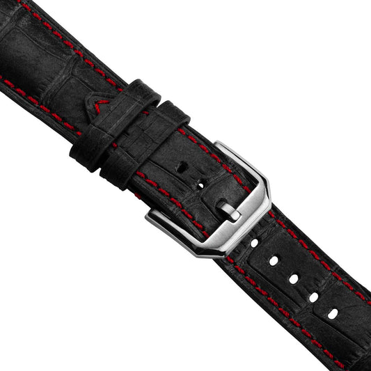Vòng tay de montre en cuir véritable avec họa tiết cá sấu Carolina - Noir avec surpiqûres rouges