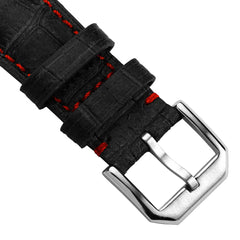Vòng tay de montre en cuir véritable avec họa tiết cá sấu Carolina - Noir avec surpiqûres rouges