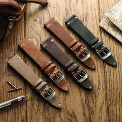 Dây đeo đồng hồ bằng da thật Cortez Vintage Stitching - Màu đen