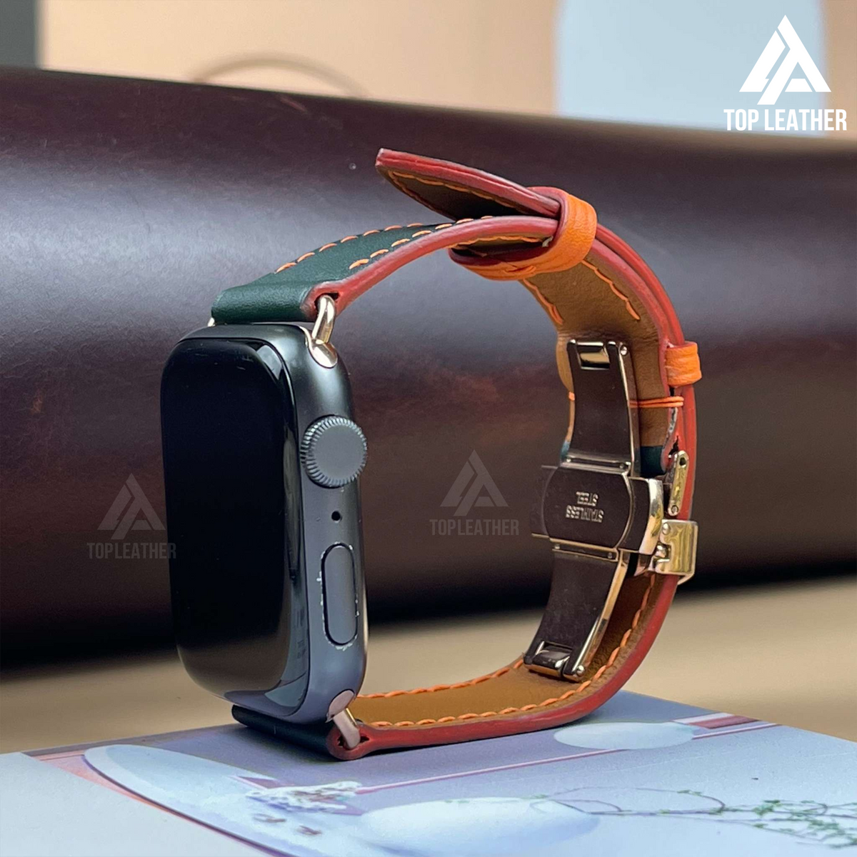Dây đeo đồng hồ Swift bằng da dành cho Apple Watch, đồng hồ cơ - Màu xanh rêu pha chỉ cam SW12.33 