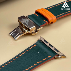 Dây đeo đồng hồ Swift bằng da dành cho Apple Watch, đồng hồ cơ - Màu xanh rêu pha chỉ cam SW12.33 