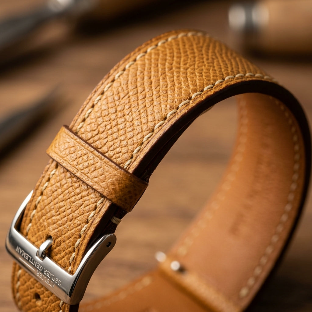 Dây Da Epsom Apple Watch Vàng Bò Hermès — 02 Macro Thớ Vân & Chỉ May Kem