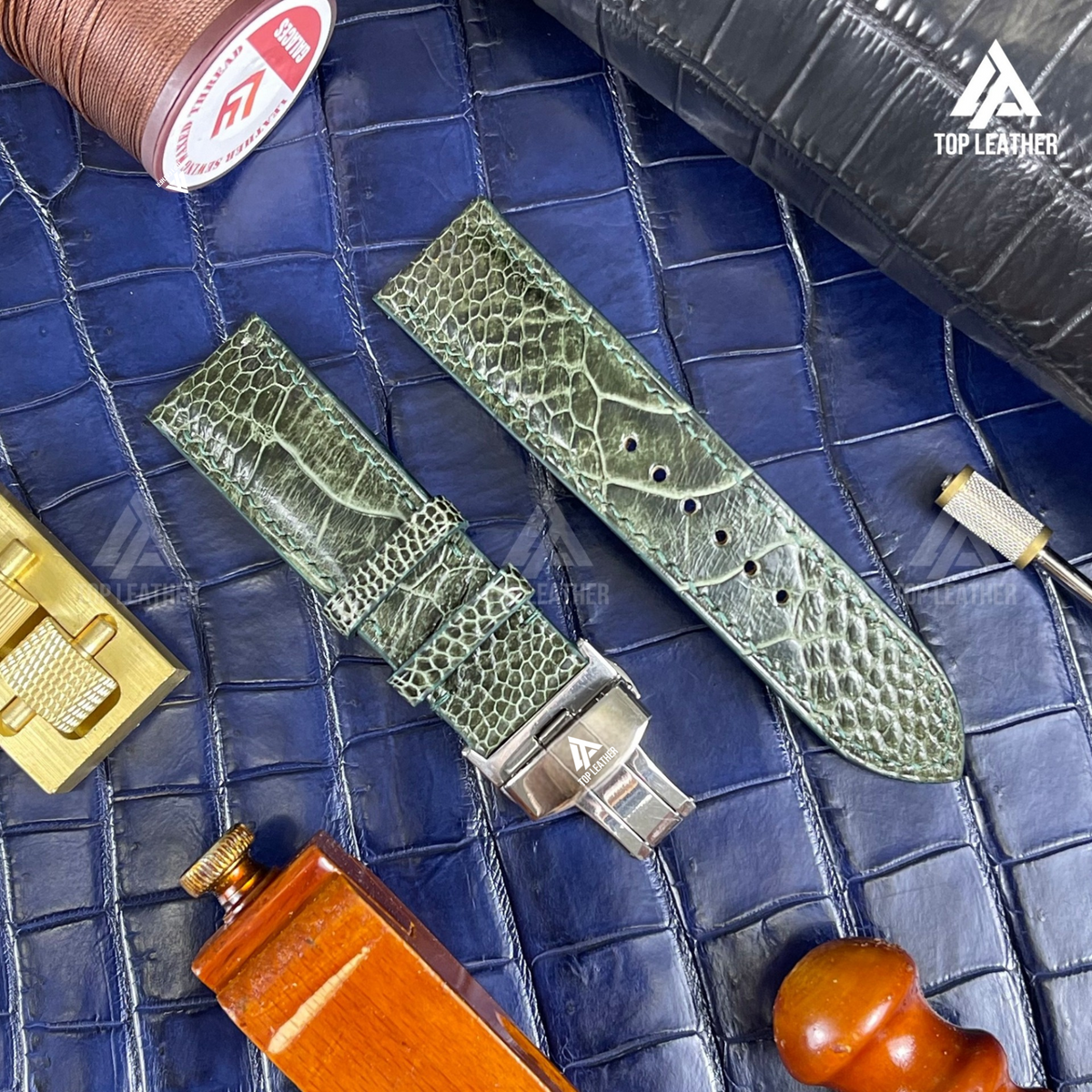 Dây đeo đồng hồ bằng da đà điểu thật dành cho Apple Watch, Samsung Galaxy Watch, đồng hồ cơ - Màu xanh lá cây 