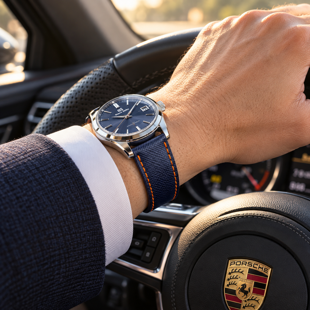 Dây đồng hồ da epsom màu xanh navy mix chỉ cam đỉa cam — 06 ON-WRIST LUXURY STEERING