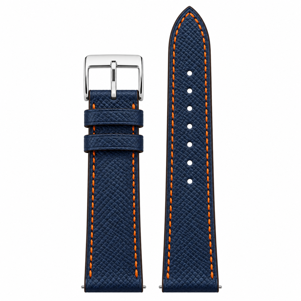 Dây đồng hồ da epsom màu xanh navy mix chỉ cam đỉa cam — 01 HERO