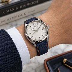 Dây đồng hồ da epsom màu xanh navy mix chỉ cam đỉa cam — 03 ON-WRIST