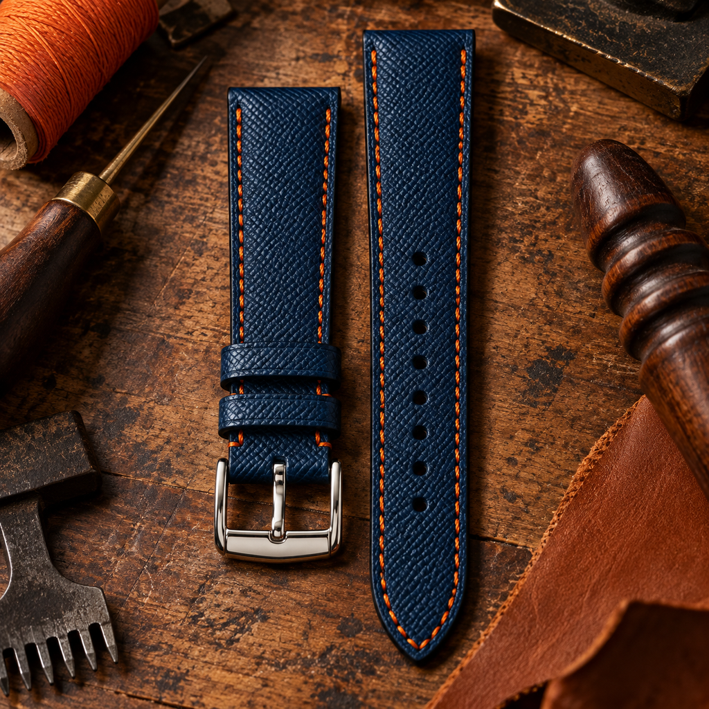 Dây đồng hồ da epsom màu xanh navy mix chỉ cam đỉa cam — 05 VINTAGE / ENVIRONMENT