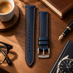 Dây đồng hồ da epsom màu xanh navy mix chỉ cam đỉa cam — 04 LIFESTYLE