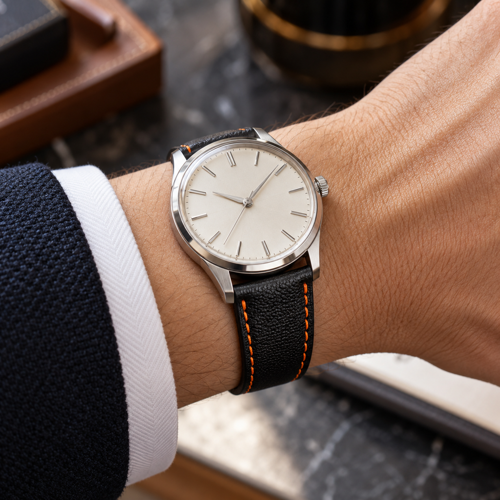 Flat Contrast — Alran Sully Jet Black / Orange stitch — On-Wrist