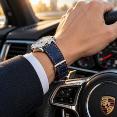 Dây đồng hồ da epsom màu xanh navy mix chỉ cam đỉa cam — 06 ON-WRIST LUXURY STEERING