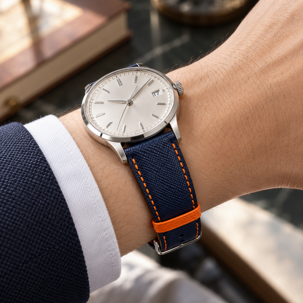 Dây đồng hồ da epsom màu xanh navy mix chỉ cam đỉa cam — 03 ON-WRIST