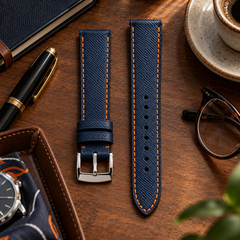 Dây đồng hồ da epsom màu xanh navy mix chỉ cam đỉa cam — 04 LIFESTYLE