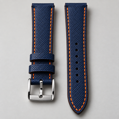 Dây đồng hồ da epsom màu xanh navy mix chỉ cam đỉa cam — 02 MACRO