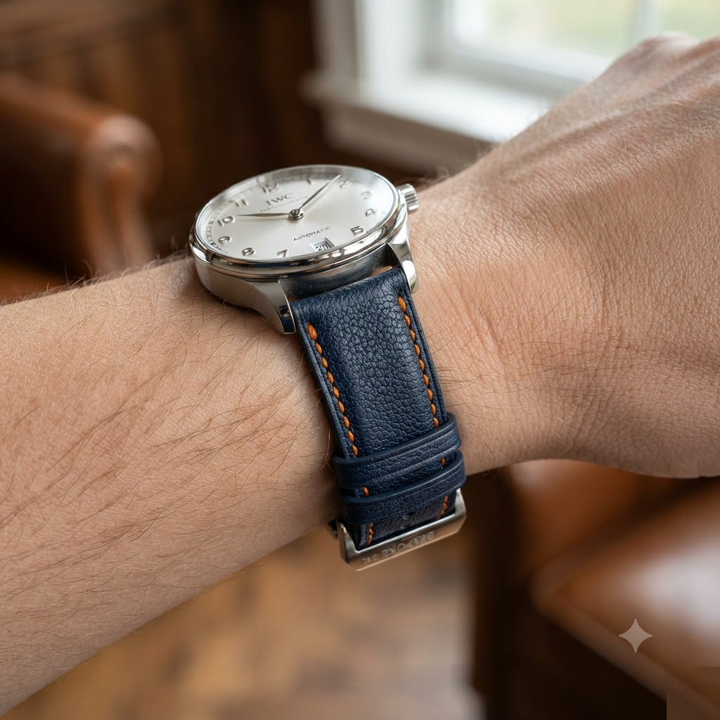 Alran Sully Deep Navy — Racing Orange Contrast Stitch — On-Wrist