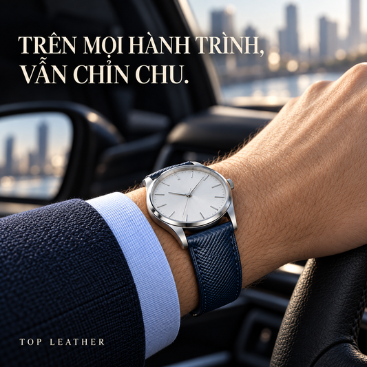 Dây đồng hồ Epsom Navy dáng độn form handmade Bespoke TOP Leather