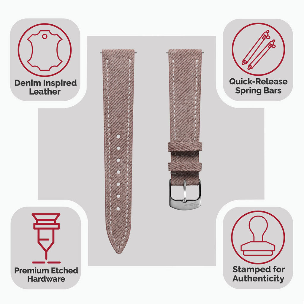 Arbor Handgenähte Denim-Design Echtes Leder Uhrenarmband - Quartz Rosa
