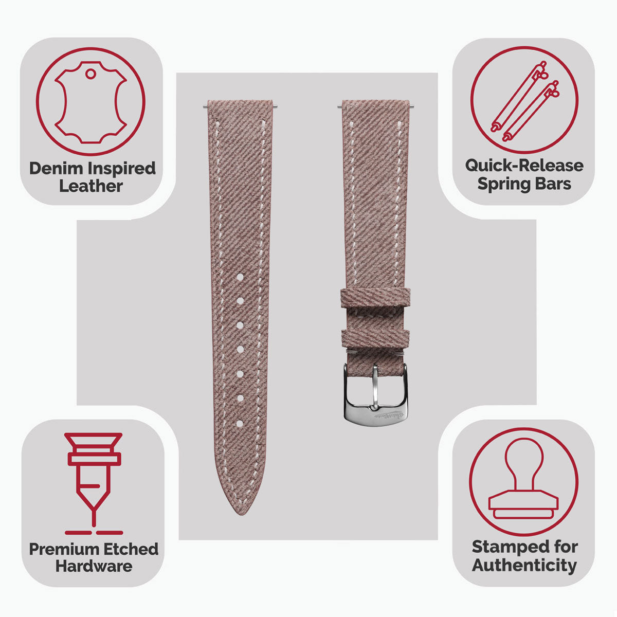 Arbor Handgenähte Denim-Design Echtes Leder Uhrenarmband - Quartz Rosa