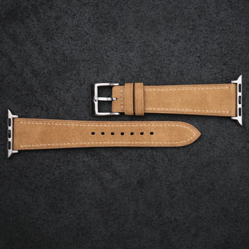 Dây đeo Apple Watch bằng da lộn màu nâu nhạt, kích thước 38mm, 40mm, 41mm, 42mm, 44mm, 45mm, phù hợp với tất cả các dòng sản phẩm. Quà tặng dây đeo đồng hồ bằng da lộn dành cho nam và nữ.