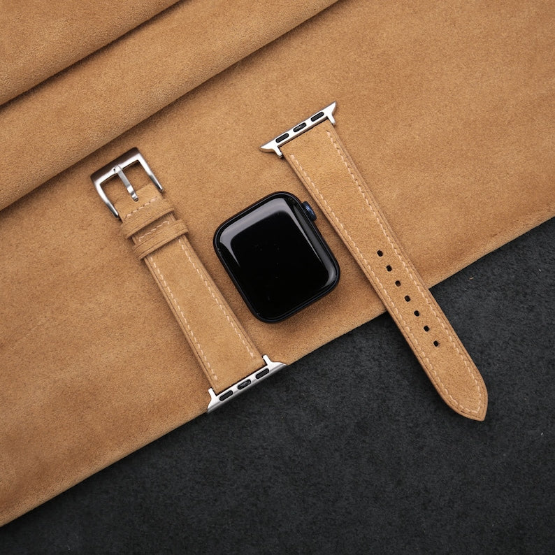 Dây đeo Apple Watch bằng da lộn màu nâu nhạt, kích thước 38mm, 40mm, 41mm, 42mm, 44mm, 45mm, phù hợp với tất cả các dòng sản phẩm. Quà tặng dây đeo đồng hồ bằng da lộn dành cho nam và nữ.