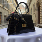 Italian Leather Tote Bag – Elegant Top Handle Purse with Scarf – Handmade in Florence