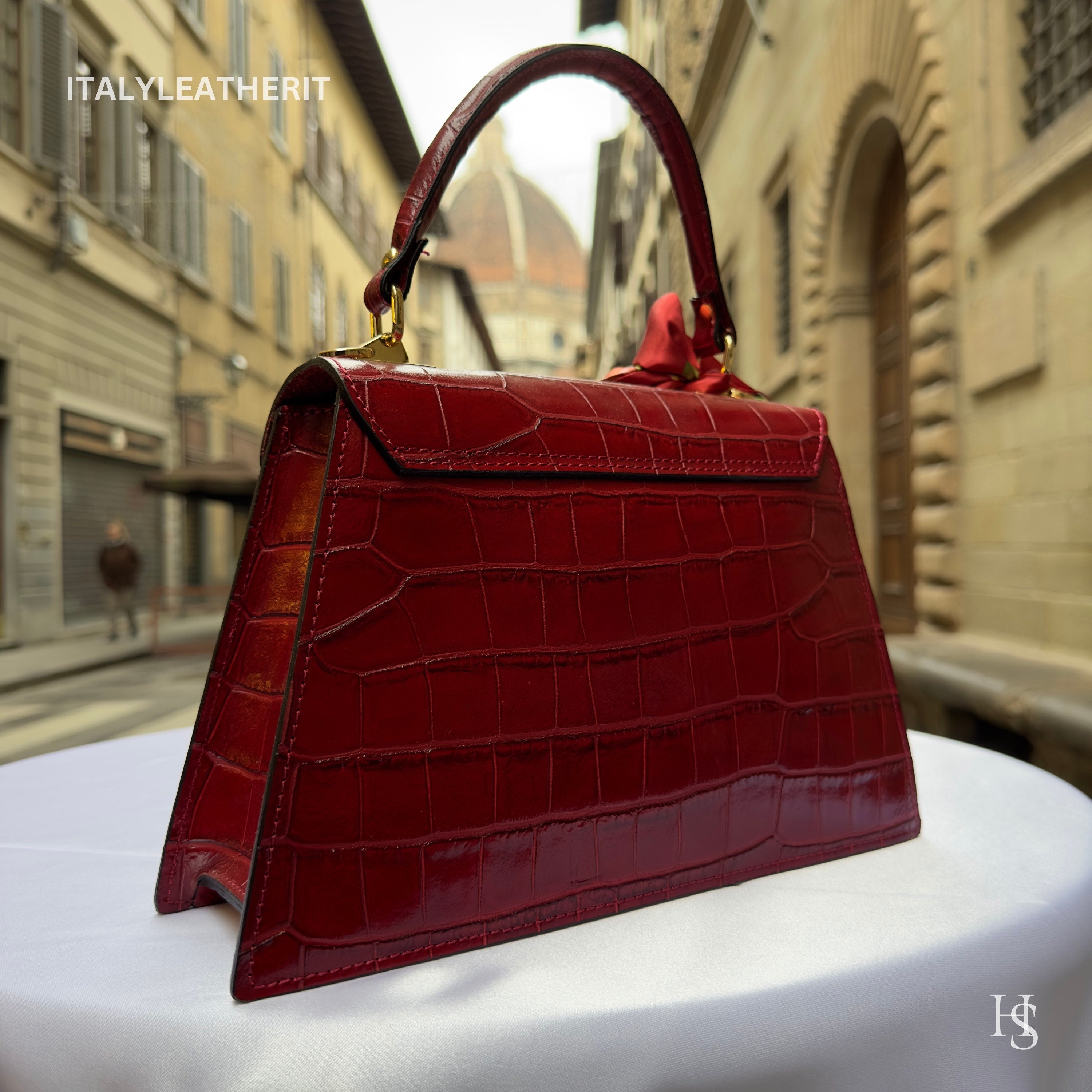 Dark Red Italian Leather Tote Bag – Elegant Top Handle Purse with Scarf – Handmade in Florence