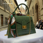 Handmade Italian Leather Tote Bag – Elegant Top Handle Purse with Scarf
