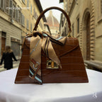 Brown Italian Leather Tote Bag – Elegant Top Handle Purse with Scarf