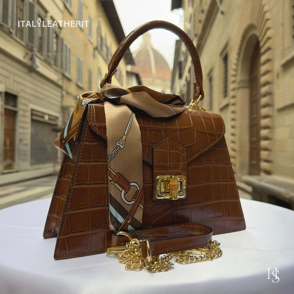 Brown Italian Leather Tote Bag – Elegant Top Handle Purse with Scarf