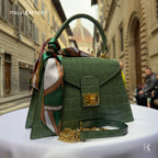 Handmade Italian Leather Tote Bag – Elegant Top Handle Purse with Scarf
