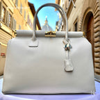 Italian Handmade  Leather Tote Bag, Cream Shoulder Handbag with Lock, Minimalist Purse