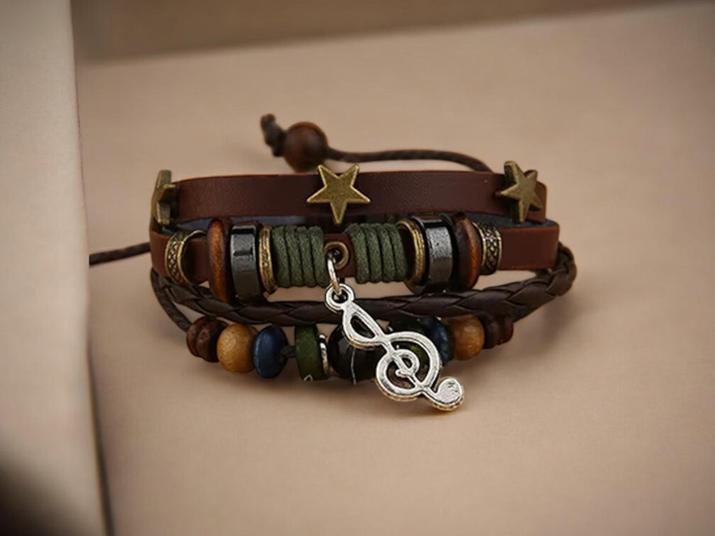 Unisex Music Beads Bracelet – Handmade Adjustable Knitted Leather Wristband for Men &amp; Women