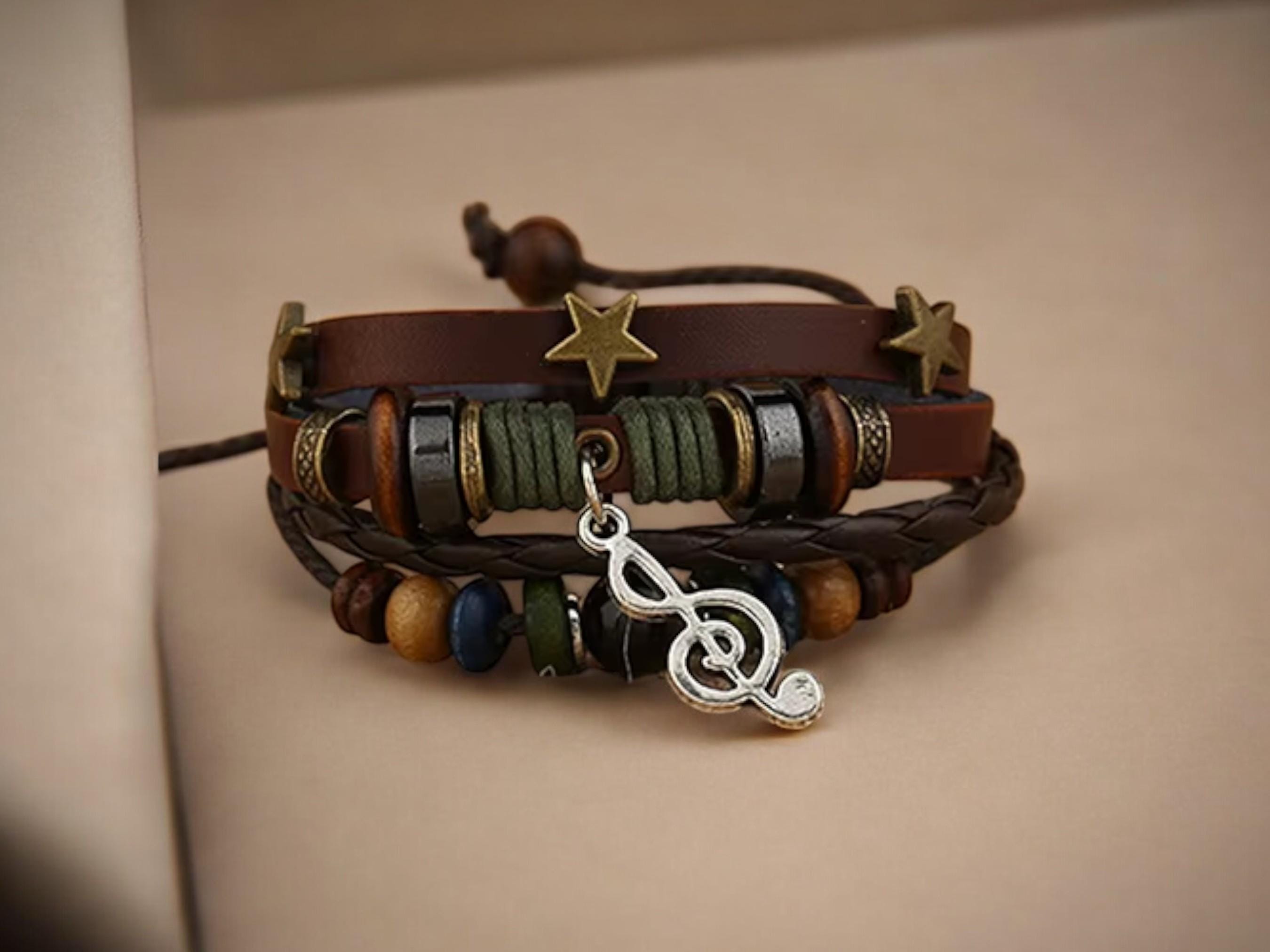 Unisex Music Beads Bracelet – Handmade Adjustable Knitted Leather Wristband for Men &amp; Women