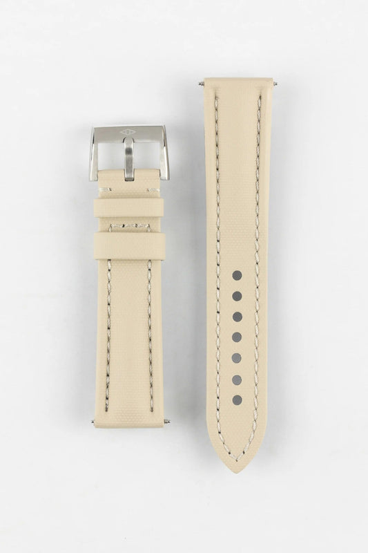 Dây đeo đồng hồ Artem Straps Classic bằng vải buồm màu be với đường chỉ khâu màu be.