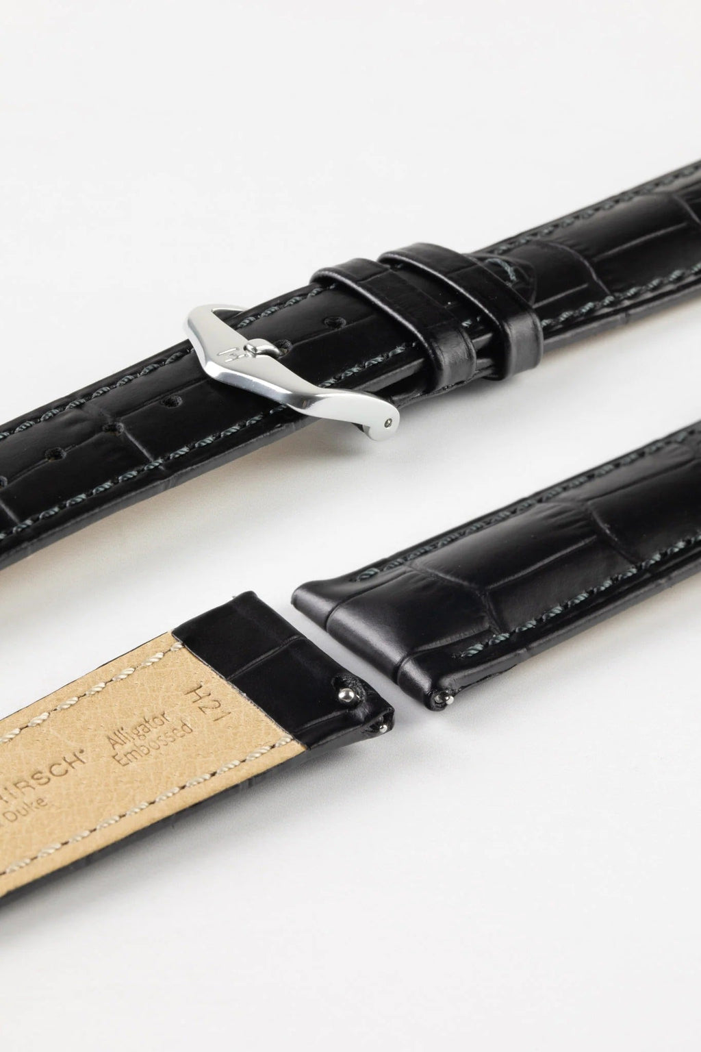 Dây đeo đồng hồ Hirsch DUKE bằng da cá sấu dập nổi, khóa nhanh, màu đen.