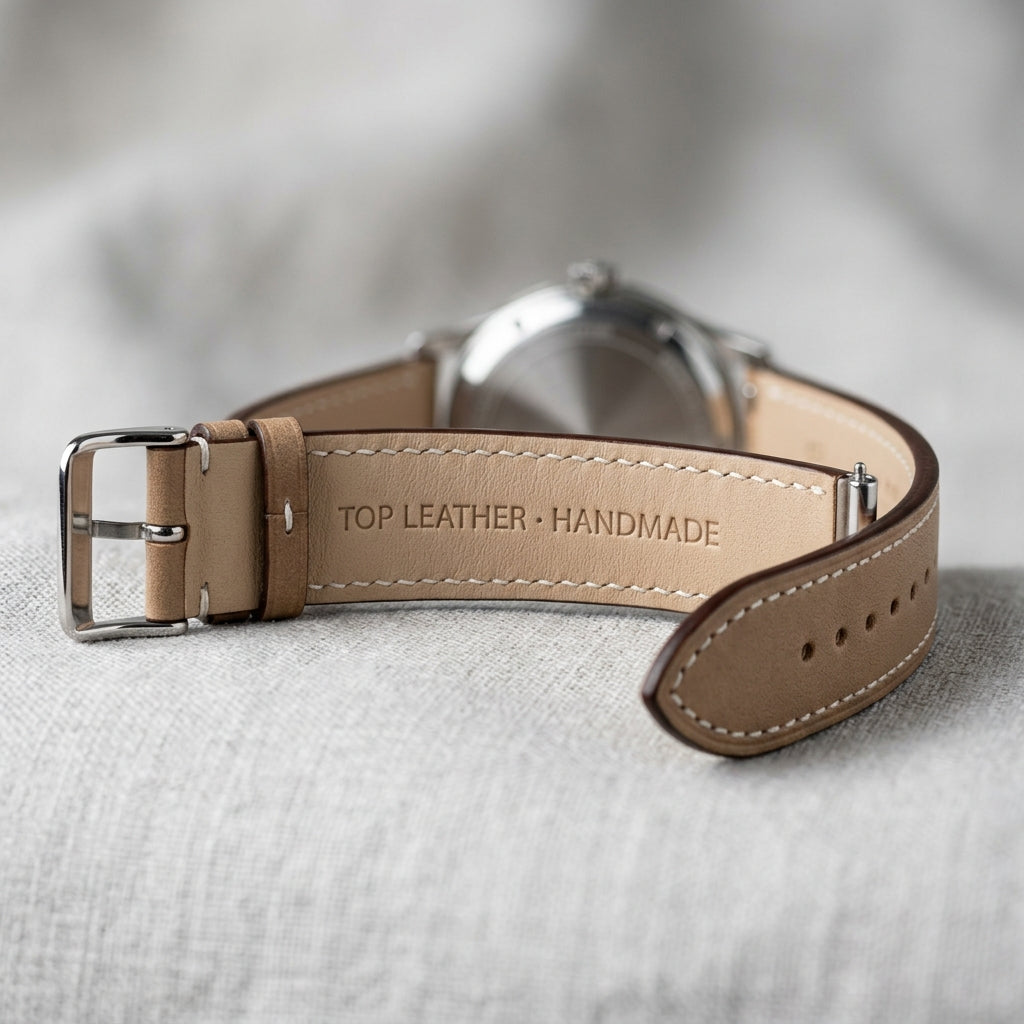 Dây Da Bò Mill Hạt Apple Watch Khâu Chỉ Kem — Nâu Chocolate — 06 Lót Da Haas Zermatt Chống Thấm Mồ Hôi