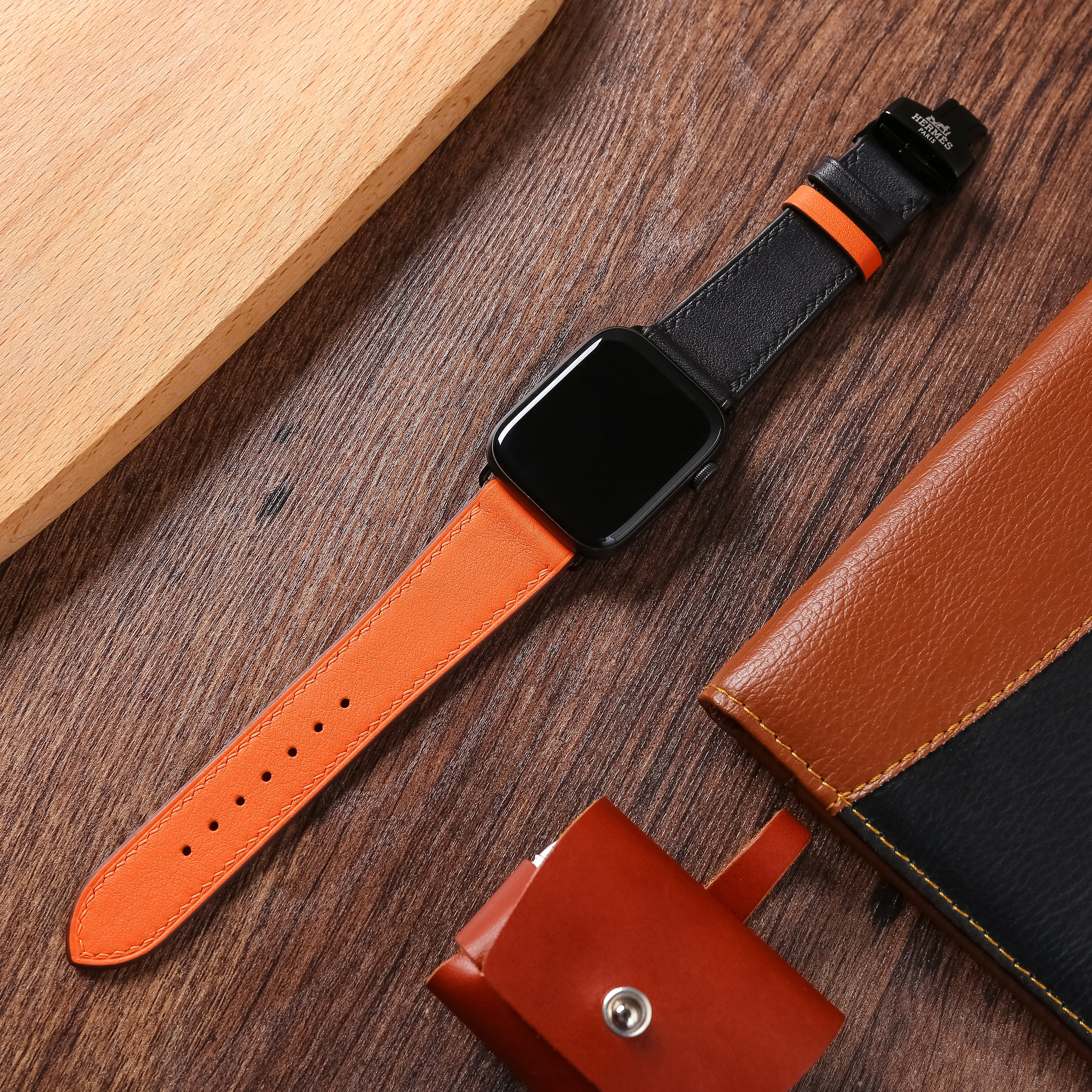 Watch Strap Swift Leather for Apple Watch, Mechanical Watch Orange Mix Black