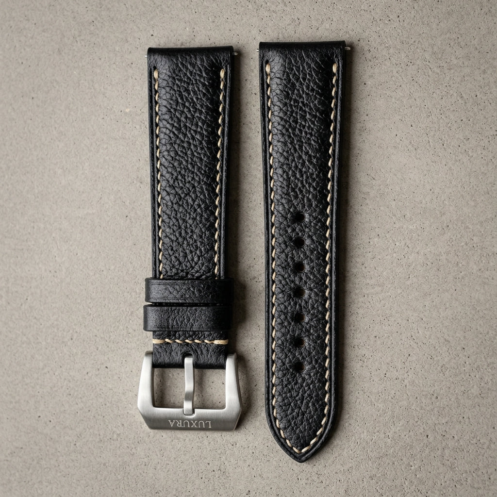 Dây Da Bò Mill Hạt Cao Cấp — Đen Noir Khâu Chỉ Kem Tương Phản — 01 HERO — Commercial Studio Flatlay