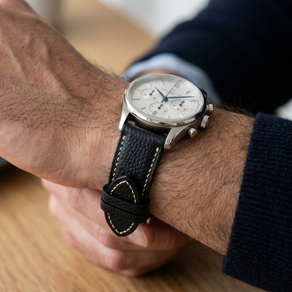 Dây Da Bò Mill Hạt Cao Cấp — Đen Noir Khâu Chỉ Kem Tương Phản — 03 ON-WRIST — Ergonomic Wrist & Luxury Fit