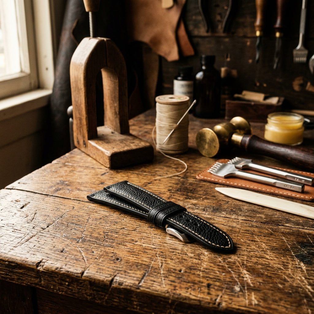 Dây Da Bò Mill Hạt Cao Cấp — Đen Noir Khâu Chỉ Kem Tương Phản — 05 VINTAGE — Heritage Craftsmanship & Atelier