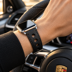 Rally Air Apple Watch Strap — Swift Jet Black / Black Stitch — Luxury Car Steering