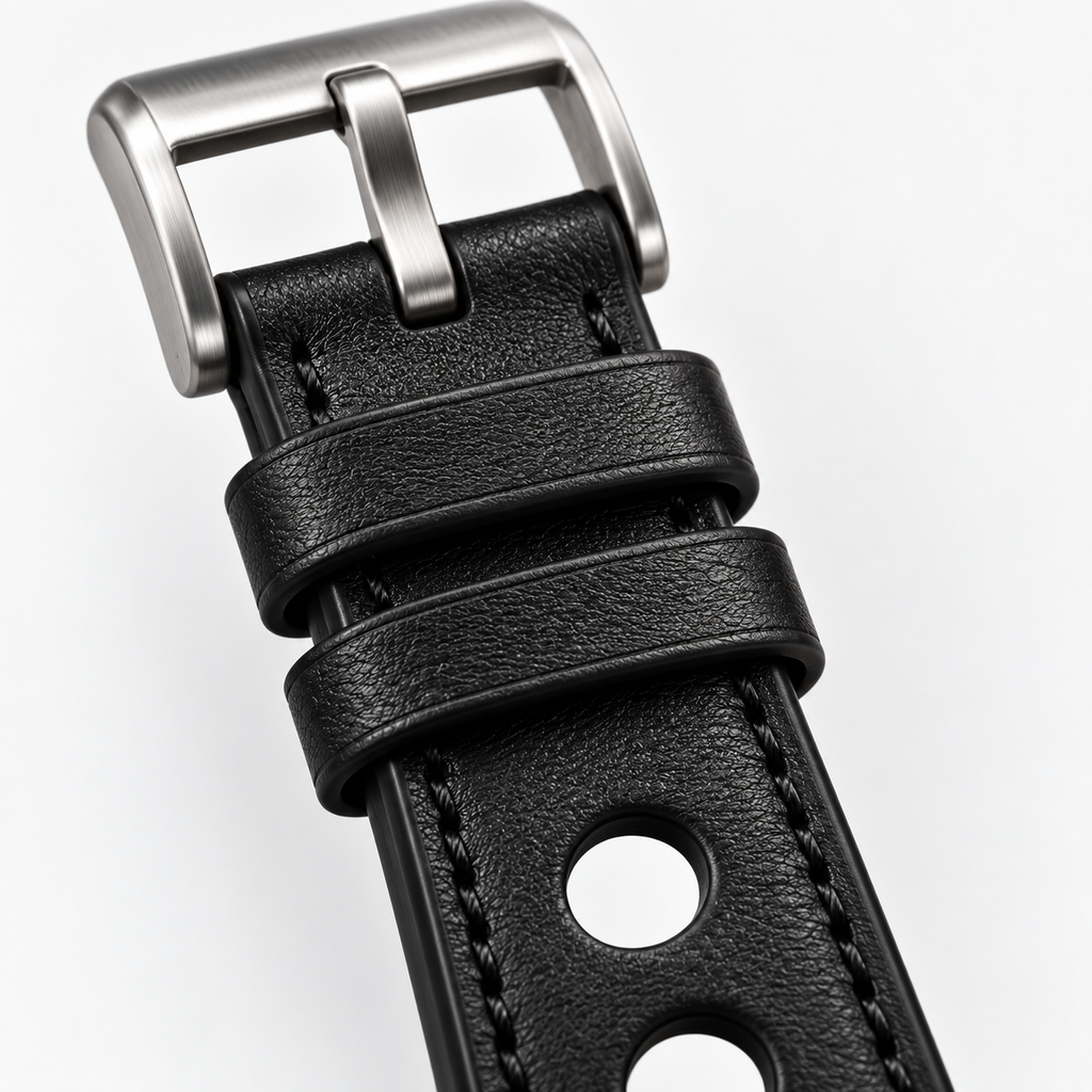 Rally Air Apple Watch Strap — Swift Jet Black / Black Stitch — Macro Stitch & Grain
