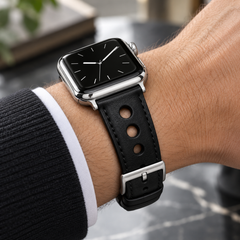 Rally Air Apple Watch Strap — Swift Jet Black / Black Stitch — On-Wrist