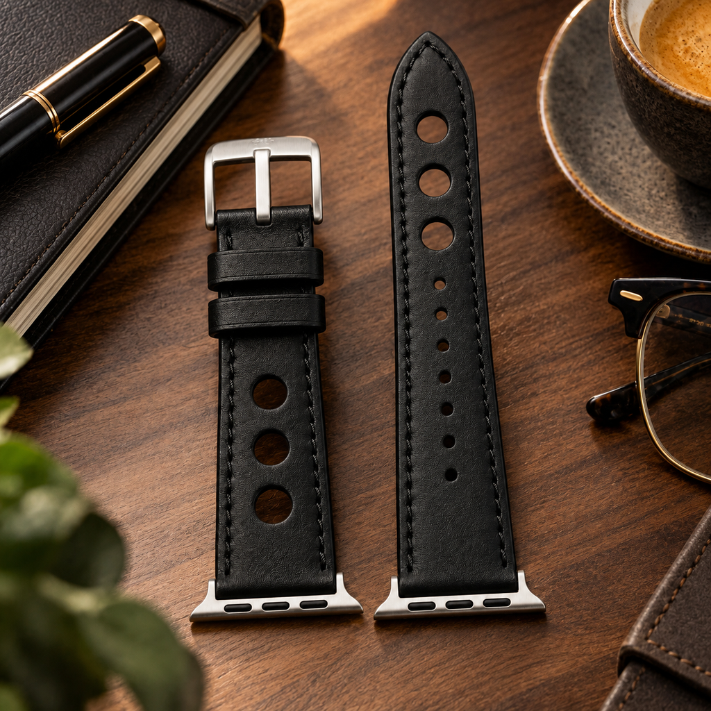 Rally Air Apple Watch Strap — Swift Jet Black / Black Stitch — Lifestyle Desk EDC