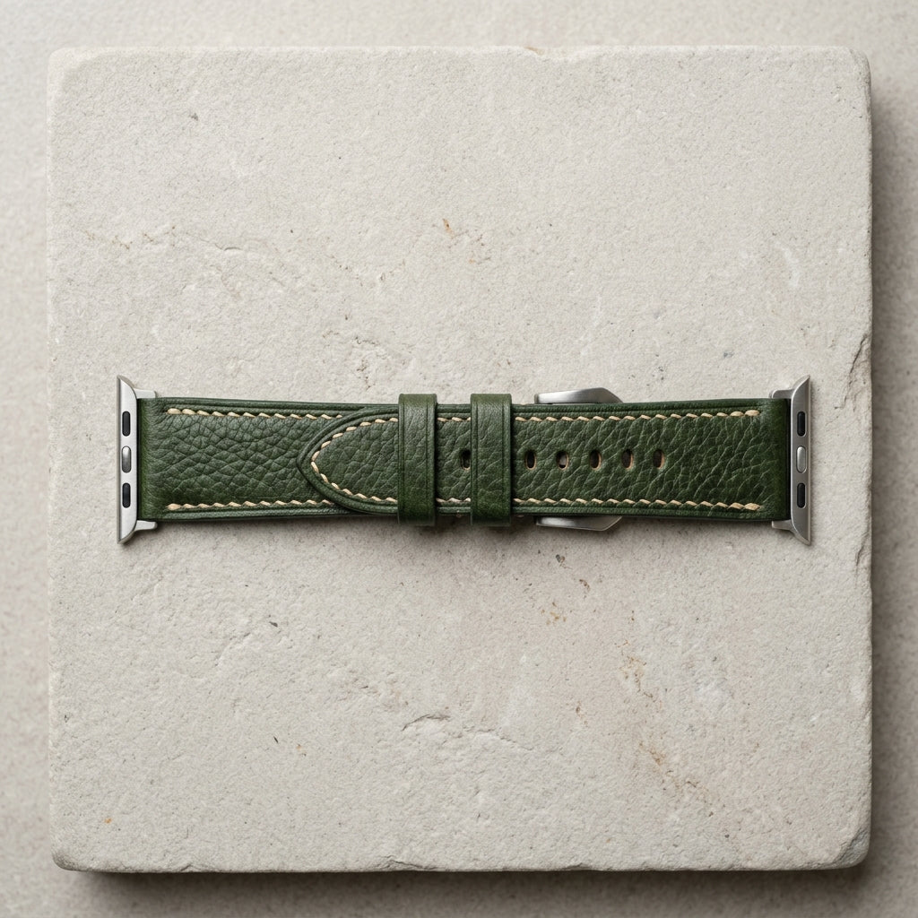Dây Da Bò Mill Hạt Apple Watch Khâu Chỉ Kem — Xanh Rêu Cypress — 01 Hero Flatlay Studio 90°