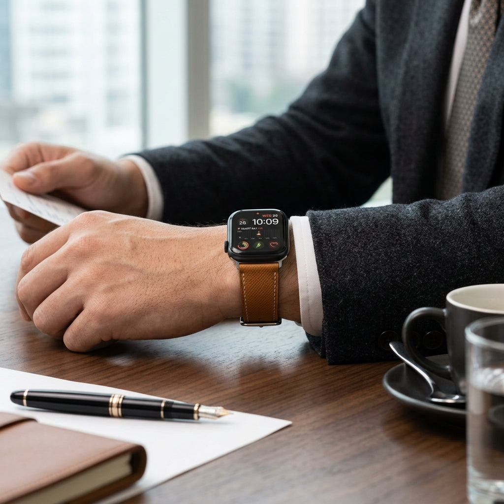 Dây Da Epsom Apple Watch Vàng Bò Hermès — 03 Lên Cổ Tay Cùng Áo Blazer Cao Cấp