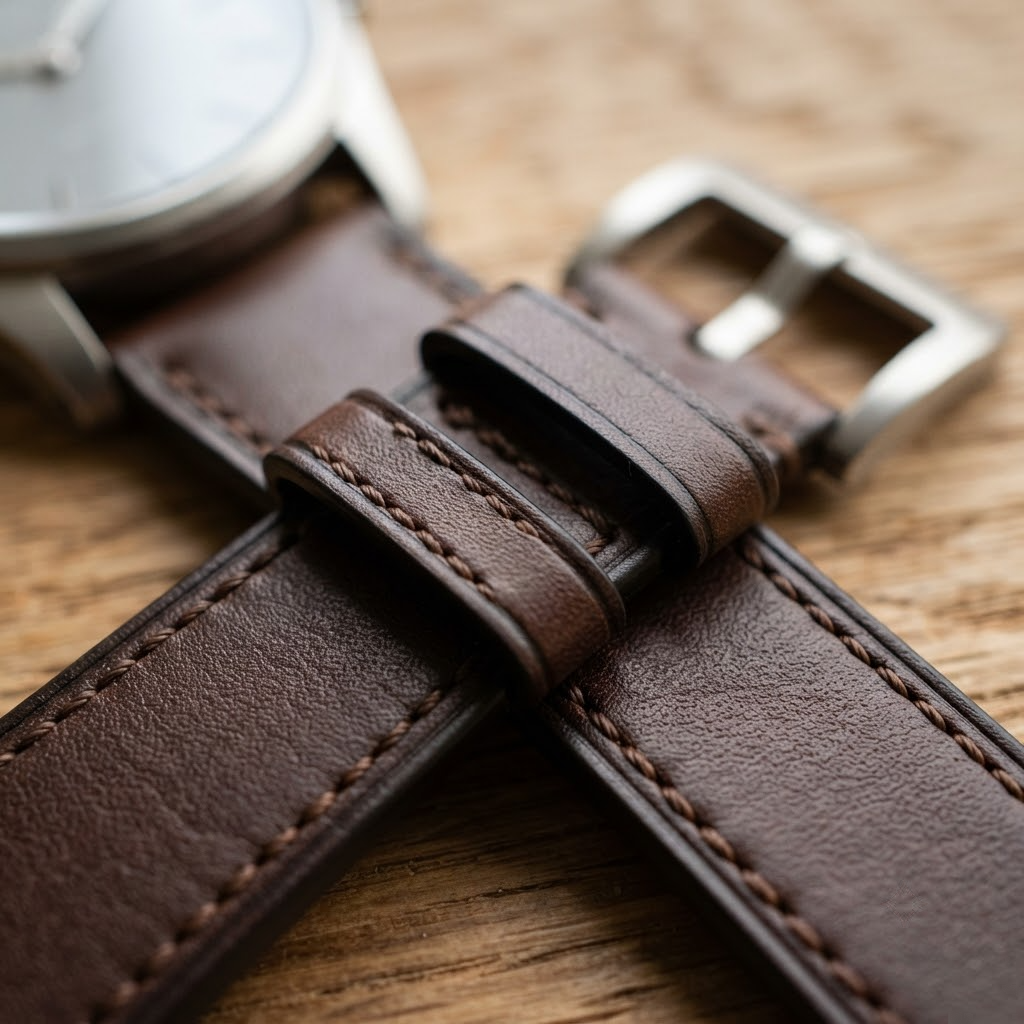 Barenia Dark Brown — chỉ Forest Green / 2 đỉa Bordeaux — dây độn — Macro Stitch & Keeper