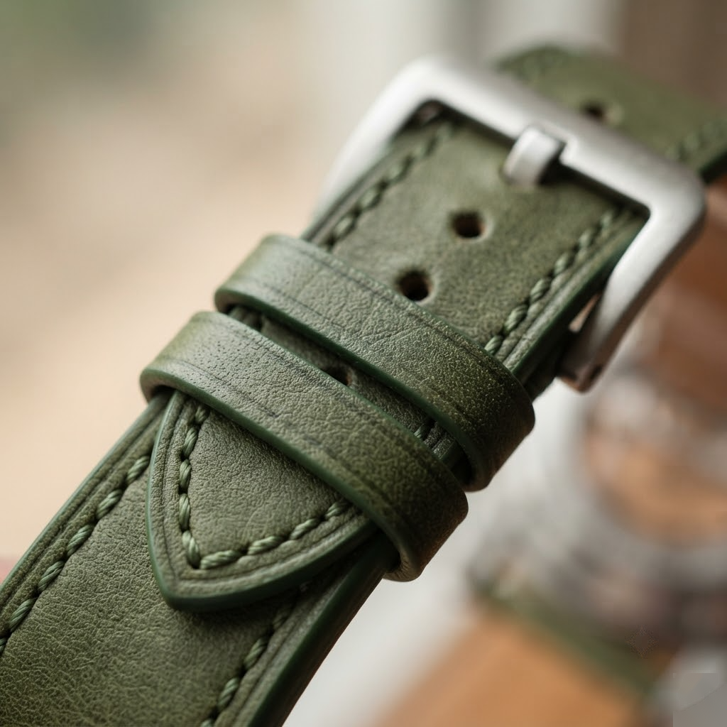 Nappa Moss Green — chỉ Cream / 2 đỉa Cognac — dây độn — Macro Stitch & Keeper