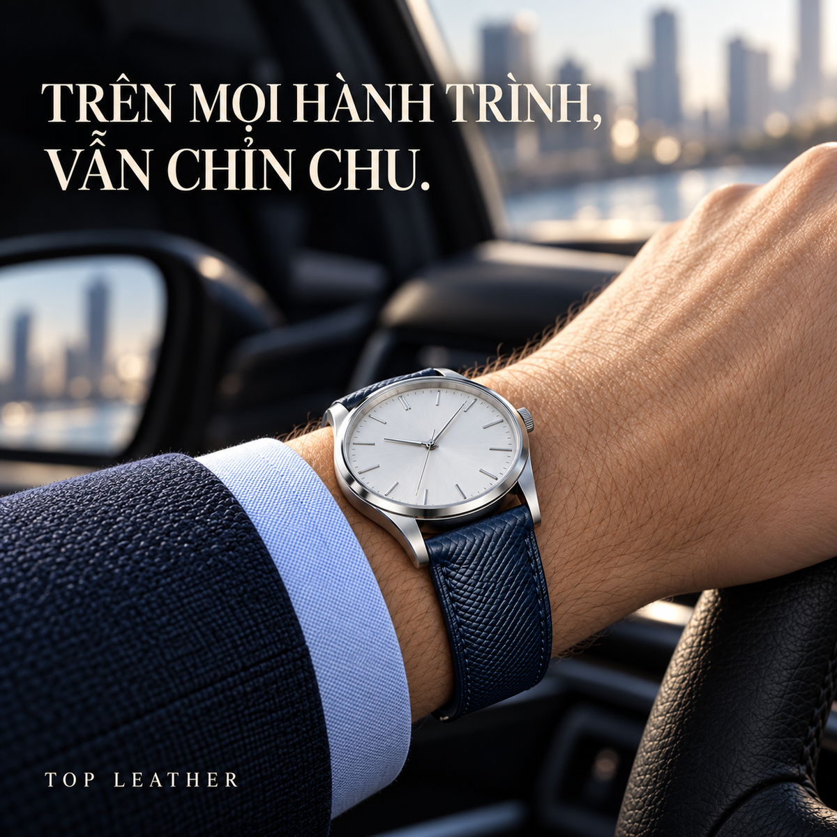 Dây đồng hồ Epsom Navy dáng độn form handmade Bespoke TOP Leather