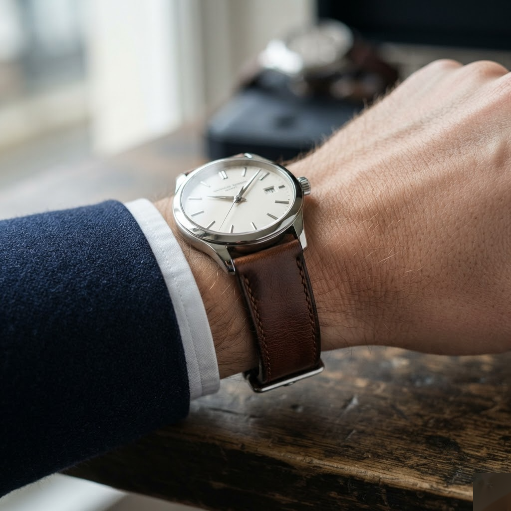Barenia Dark Brown — chỉ Forest Green / 2 đỉa Bordeaux — dây độn — On-Wrist Mechanical