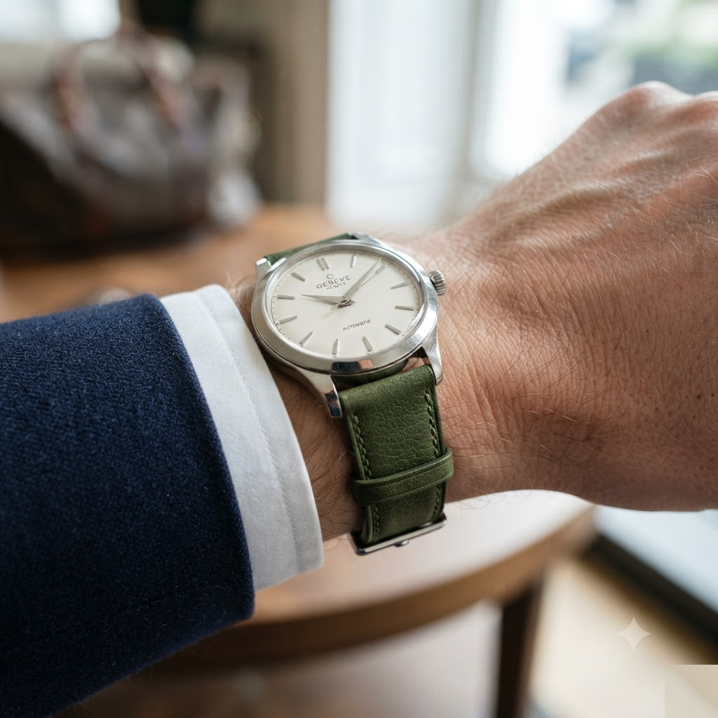 Nappa Moss Green — chỉ Cream / 2 đỉa Cognac — dây độn — On-Wrist Mechanical